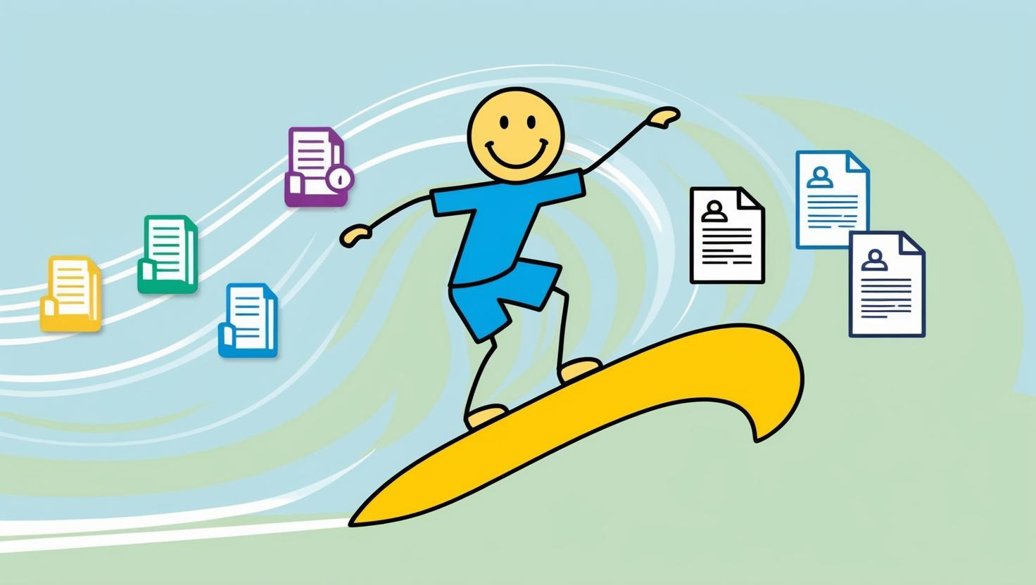 A stick figure of a person, riding a surfboard on a wave of data and report sand genAI.  Use icons, simple cartoon style.  Keep the visuals simple