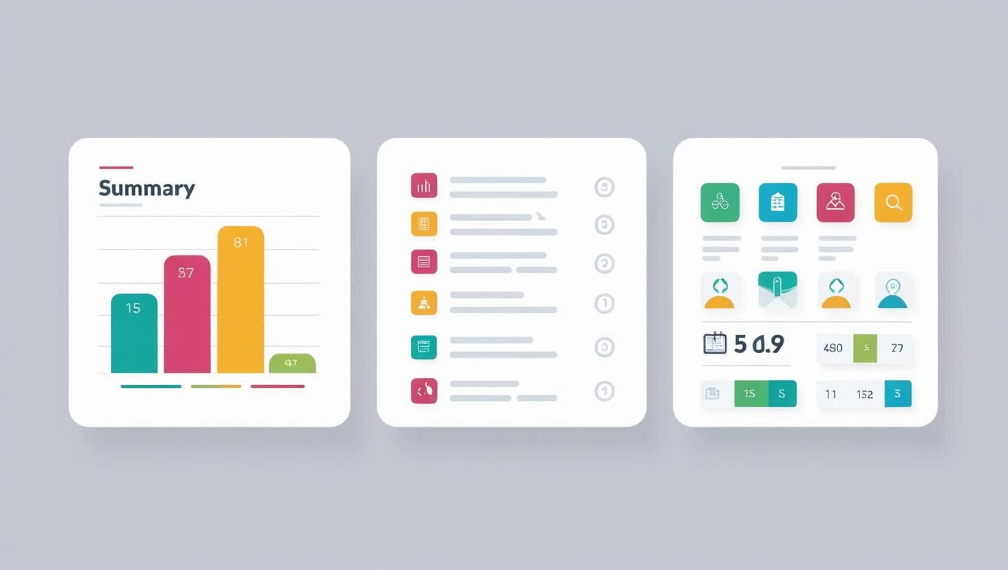 Tripartite image.  the first part is a summary bar chart, the second part is a list of items, the third part is a highly detailed dashboard.  All are in a simple icon style