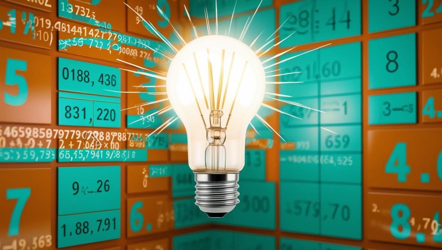 A lightbulb shining a bright idea amidst a sea of numbers, calculations, and information.  The information background is gridlike and square